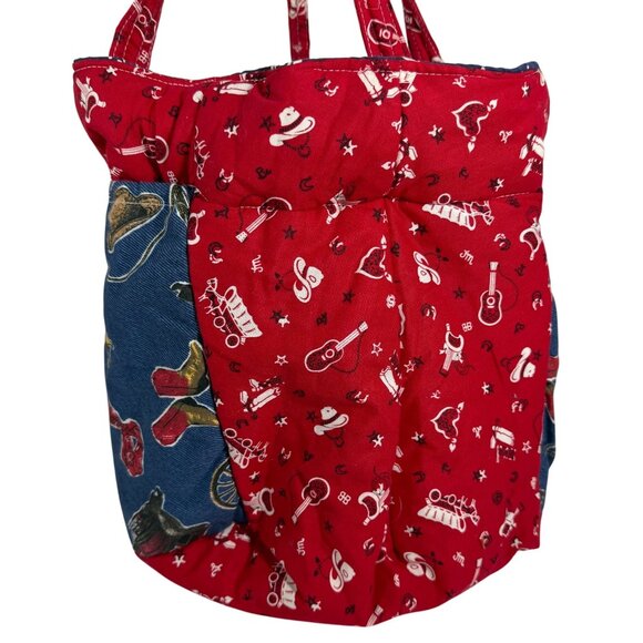 Handmade Reversible Patchwork Cotton Tote Bucket Bag Bandana Western Music Theme - Picture 2 of 10